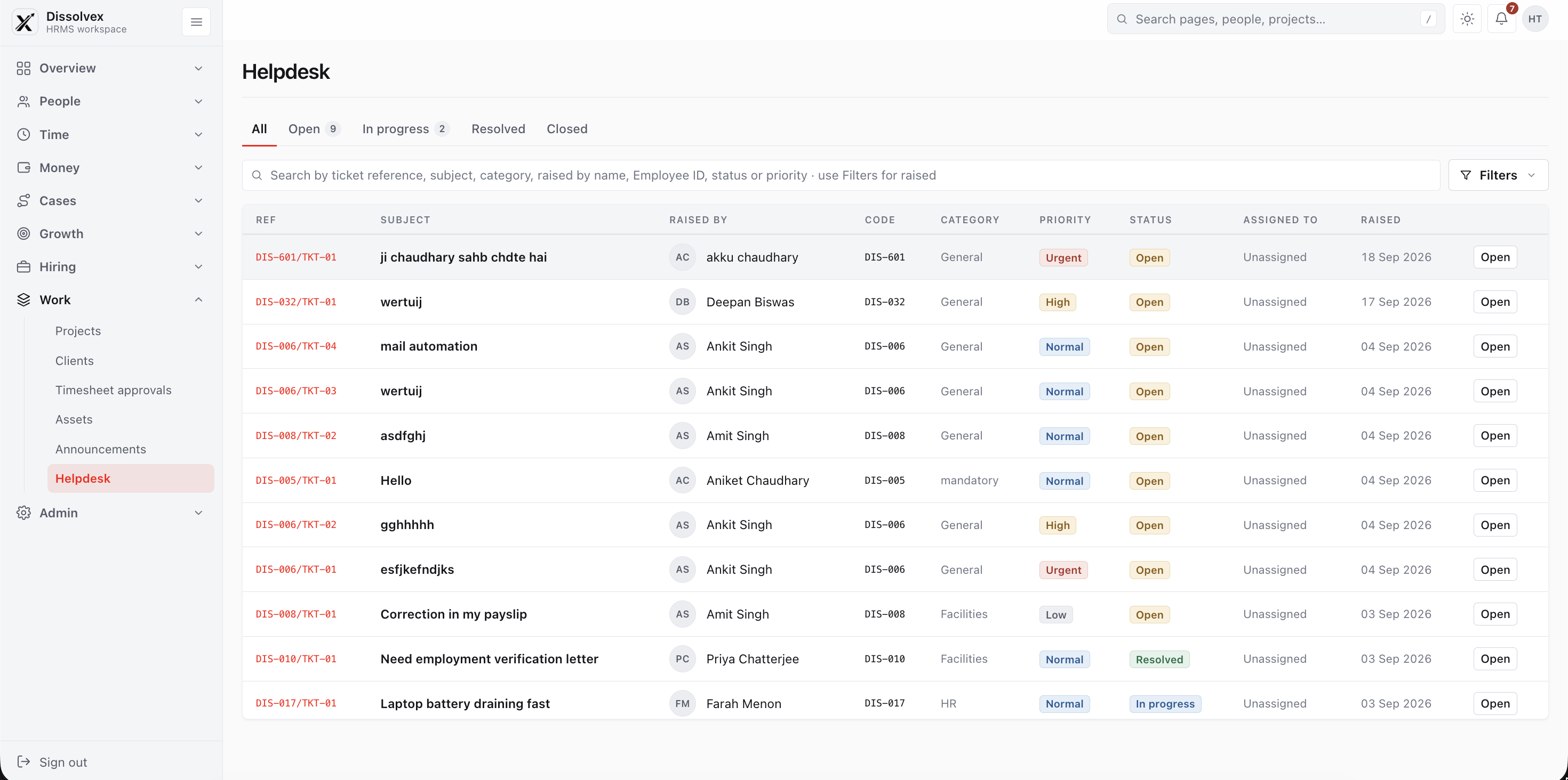 Employee Helpdesk and Support Tickets — dissolveX HRMS